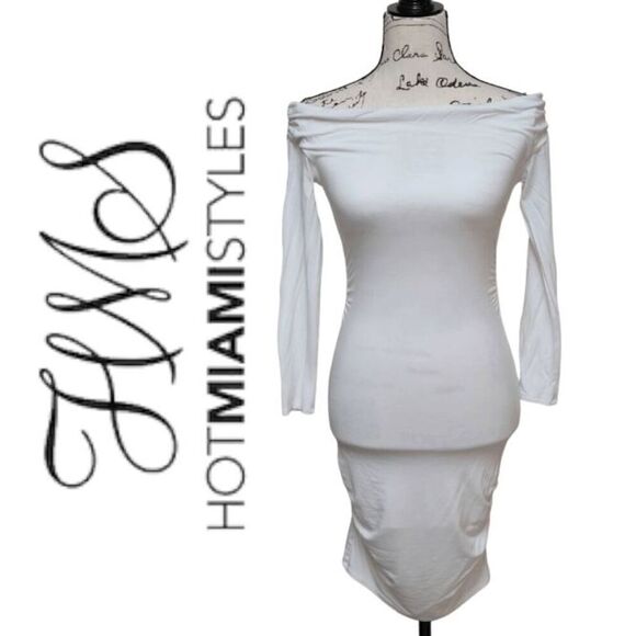 🤍 HOT MIAMI STYLES Off Shoulders Bodycon White Long Sleeve Dress SIZE XS - Picture 1 of 11